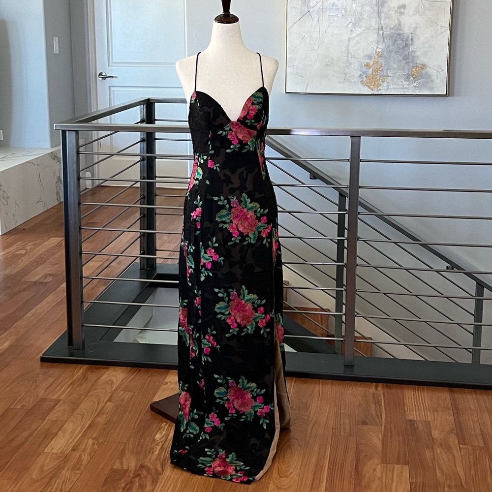 Michael Costello x REVOLVE Savannah Gown in Black + Fuchsia Floral Small NWT